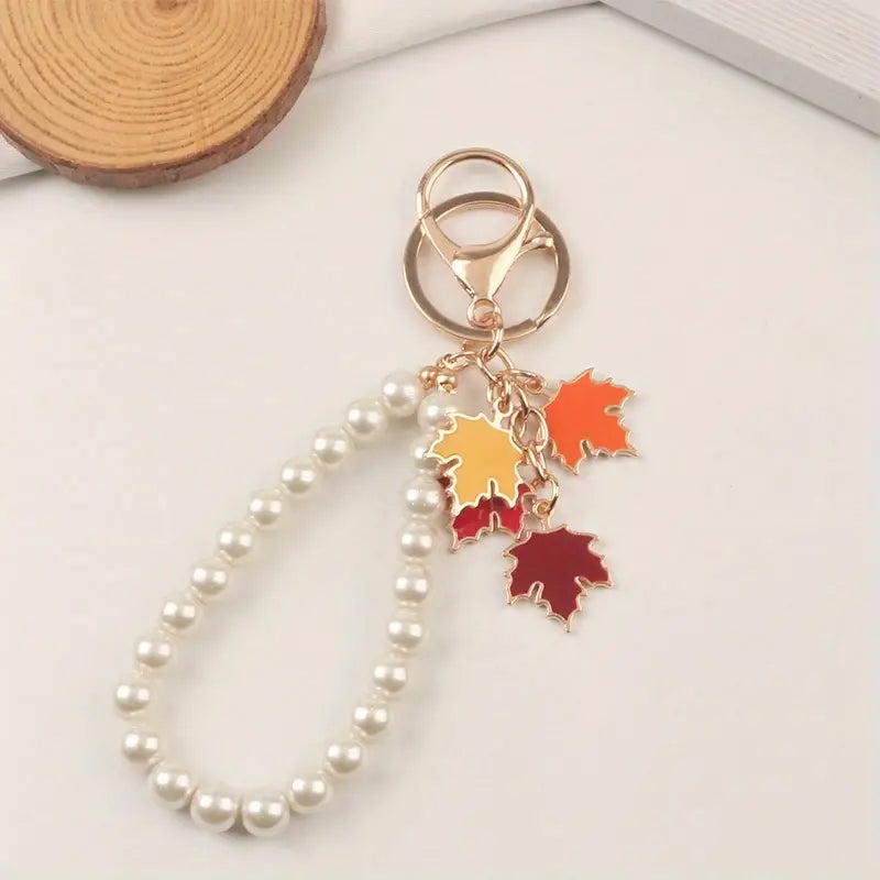 Key Ring - Maple Leaf Charms with Imitation Pearls